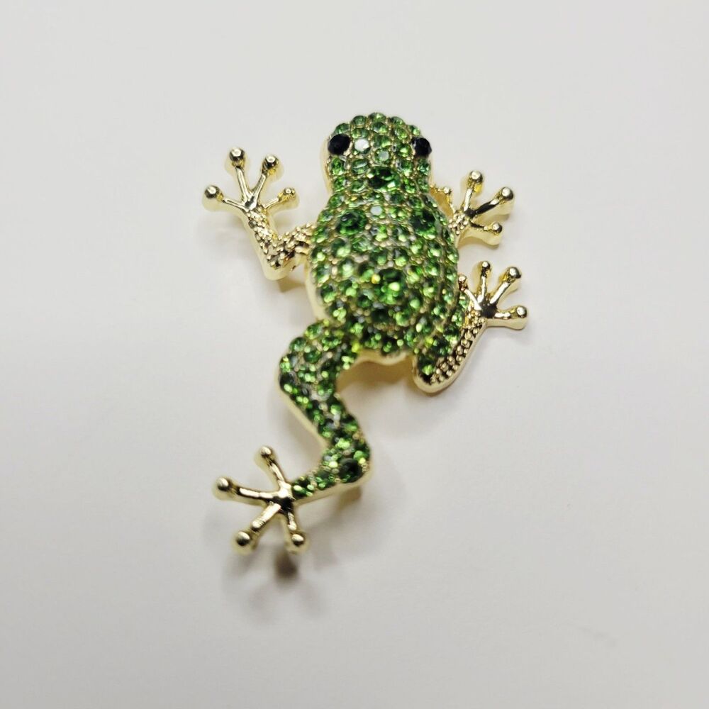 NWT! Glittery Green And Gold Color Rhinestone Frog Brooch Pin – Small